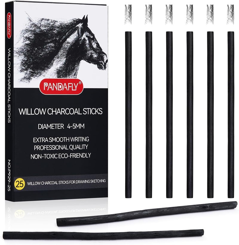PANDAFLY Willow Charcoal Sticks, Soft, Black Artist Vine Charcoal for Artists, Beginners, Students, Great for Sketching, Drawing, Shading and Fine Art, 4-5mm, 25 Pack - Image 1